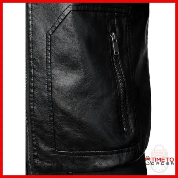 Men's Faux Leather Bomber Jacket Motorcycle Style Ribbed Hem - Picture 6 of 8